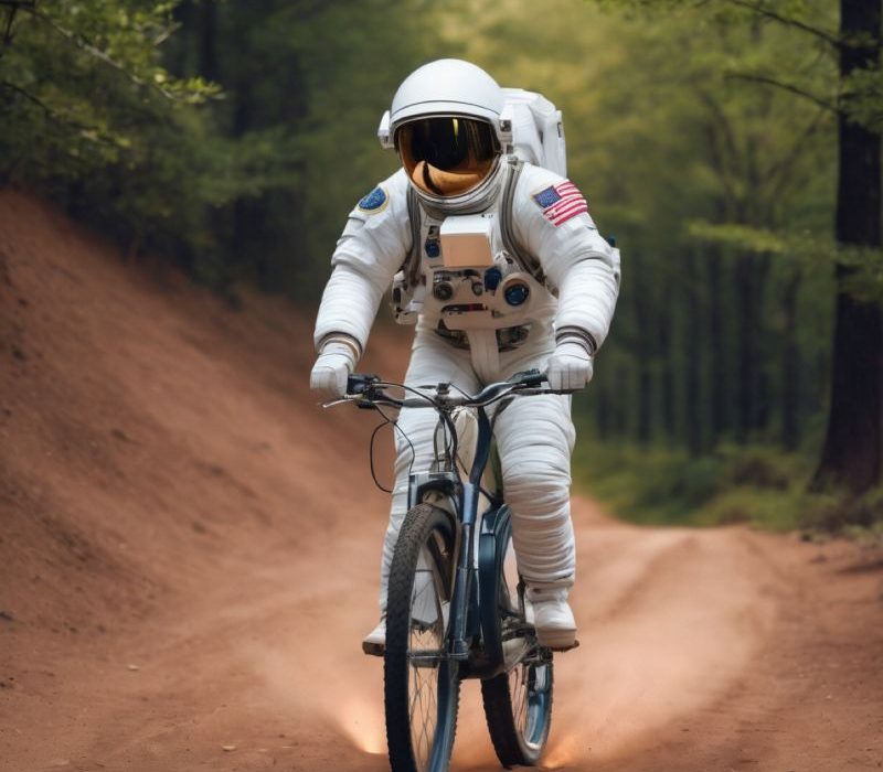 Astronot kıyafeti giyen bisiklet süren adam